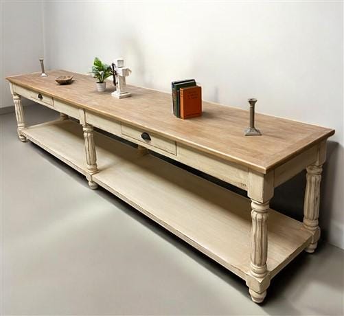 12' Antiqued Kitchen Island with Drawers, Store Counter Display Harvest Table