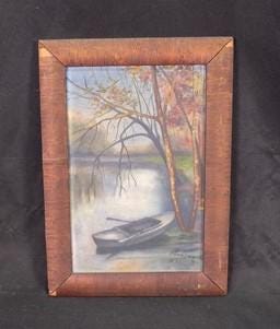 1920s Hawksworth Midwest Landscape Painting, Original Art Rowboat Water, L