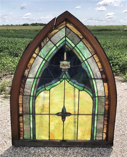 Antique Stained Glass, Arched Church Window, Architectural Leaded Glass, D