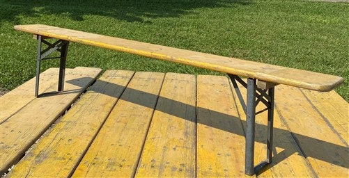 Vintage German Beer Garden Folding Bench, Portable Industrial Wood Bench Seat A3