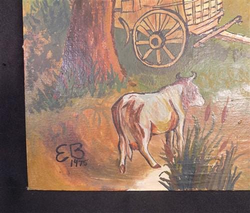 1975 EB American Folk Art Painting on Canvas, Covered Wagon Cattle Original Art