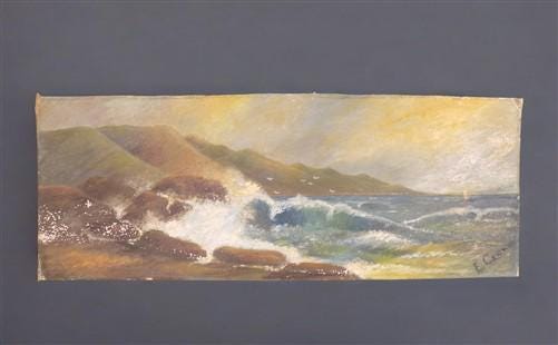 1920s E Crowe Seascape Painting on Canvas Board, Original Art Waterscape, Q