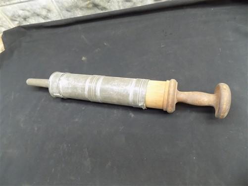 Sausage Stuffer Tin Tube, Wood Plunger Pusher, Antique Primitive Sausage Stuffer