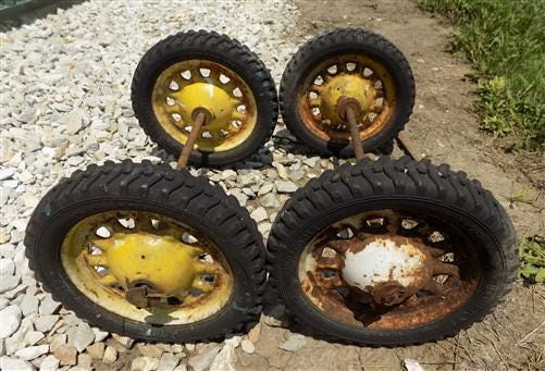 4 Vintage Metal Baby Buggy Wheels Pedal Car Garden Cart Pumpkin Wagon A52