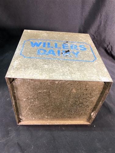 Willers Dairy Galvanized Milk Bottle Tin Box, Vintage Porch Delivery Carrier