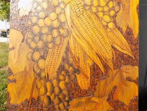 1905 Hand Carved Wood Folk Art, Pyrography Vintage Americana, Autumn Harvest