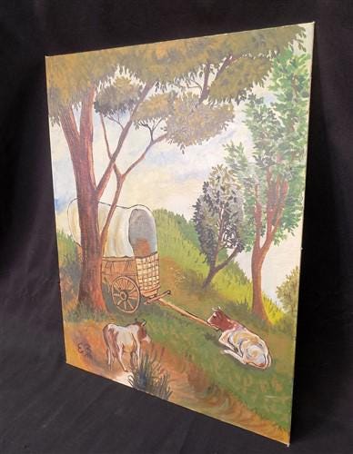 1975 EB American Folk Art Painting on Canvas, Covered Wagon Cattle Original Art