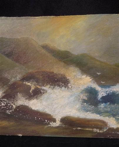 1920s E Crowe Seascape Painting on Canvas Board, Original Art Waterscape, Q