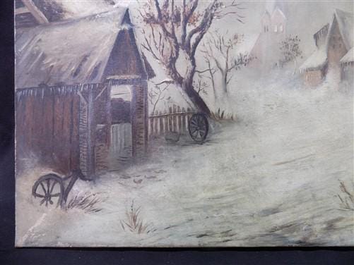 1880s Midwest Landscape Painting on Canvas, Original Art Winter Village, C