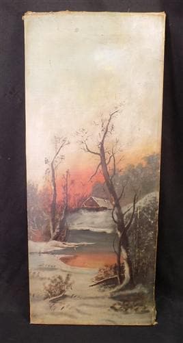 1900s American Folk Art Landscape Paint on Canvas, Original Art Winter Scene, B