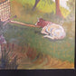 1975 EB American Folk Art Painting on Canvas, Covered Wagon Cattle Original Art