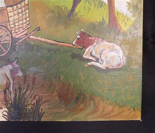 1975 EB American Folk Art Painting on Canvas, Covered Wagon Cattle Original Art