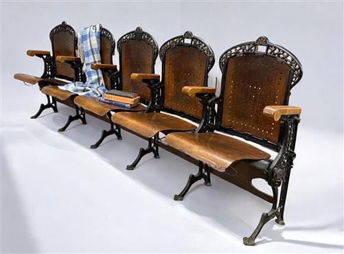 5 Wood Iron Folding Theater Seats, Auditorium Seats, Entryway Bench, D17