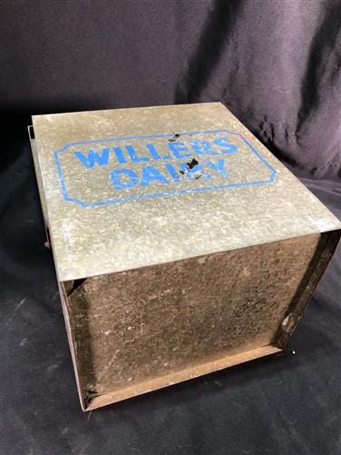 Willers Dairy Galvanized Milk Bottle Tin Box, Vintage Porch Delivery Carrier