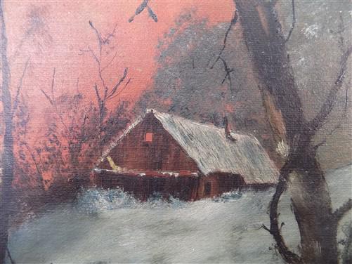 1900s American Folk Art Landscape Paint on Canvas, Original Art Winter Scene, B