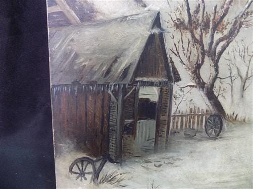 1880s Midwest Landscape Painting on Canvas, Original Art Winter Village, C