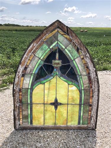 Antique Stained Glass, Arched Church Window, Architectural Leaded Glass, D