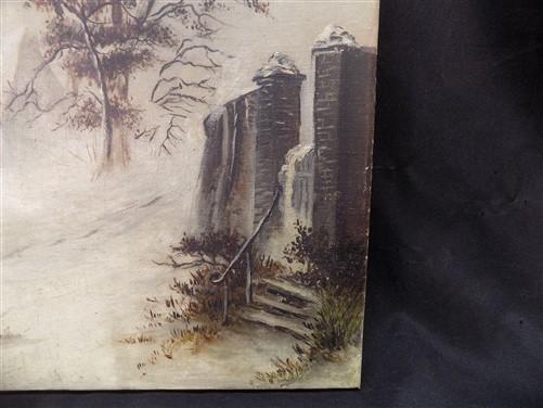 1880s Midwest Landscape Painting on Canvas, Original Art Winter Village, C