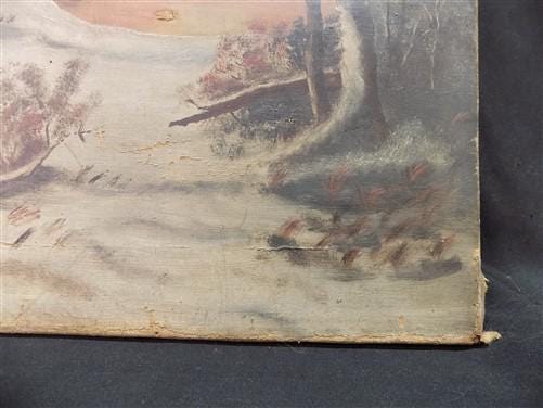 1900s American Folk Art Landscape Paint on Canvas, Original Art Winter Scene, B