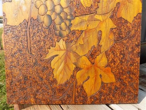 1905 Hand Carved Wood Folk Art, Pyrography Vintage Americana, Autumn Harvest