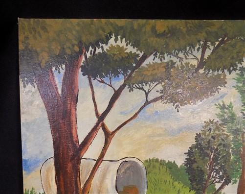 1975 EB American Folk Art Painting on Canvas, Covered Wagon Cattle Original Art