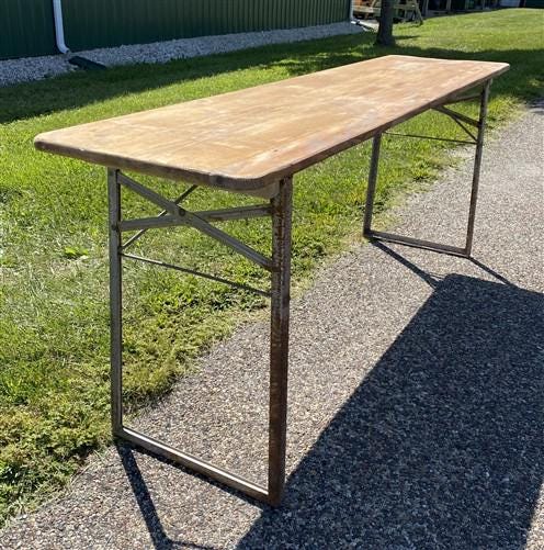 Stained Vintage German Beer Garden Table, Portable Industrial Wood Table, A7