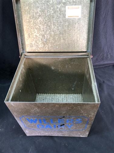 Willers Dairy Galvanized Milk Bottle Tin Box, Vintage Porch Delivery Carrier